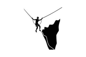 Silhouette of a Rock Climber on a Cliff Edge with Ropes Harness and Helmet Ready to Descend Isolated on White Background silhouette vector