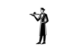 Elegant Waiter in Formal Wear Holding Tray in Silhouette Style Perfect for Restaurant Menus and Service Industry Graphics silhouette vector