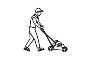 Man Mowing Lawn with Lawn Mower Lawn Care Service Gardening and Yard Work Outline Style Illustration silhouette vector