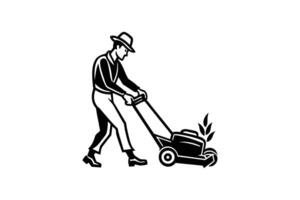Man Mowing Lawn with Push Mower in Retro Style Silhouette Illustration Gardening and Lawn Care Services Isolated on White Background silhouette vector