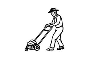 Man Mowing Lawn with Push Mower in Black and White Silhouette Style Illustration Depicting Yard Work and Lawn Care Tasks silhouette vector