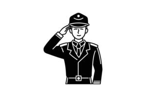 Black and White Illustration of a Saluting Officer in Uniform with a Hat Presented in a Silhouette Style Isolated on White Background silhouette black vector