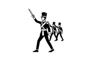 Marching Band Soldiers in Uniform Leading the Way with Baton and Hats in a Black and White Silhouette black white image depicts vector