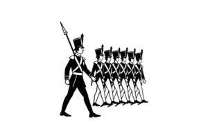 Marching Soldiers in Uniform with Spear and Hats Military Parade Black and White Illustration Silhouette line marching soldiers silhouette style wearing uniforms vector