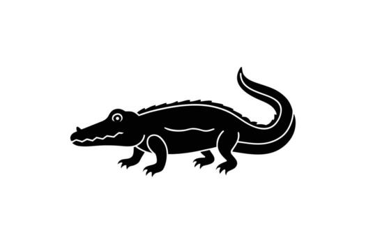 Stylized Alligator Illustration in Black Silhouette Against White Background Depicting a Reptile with Sharp Teeth and Curved Tail silhouette This image vector