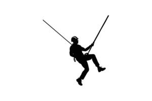 Construction Worker Rappelling Down with Ropes Safety Gear and Helmet Depicted in a Striking Silhouette vector