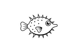 Cartoon Pufferfish with Spikes and Spots Underwater Creature Simple Line Art Illustration Black and White Silhouette simple cartoon style pufferfish illustration black white vector