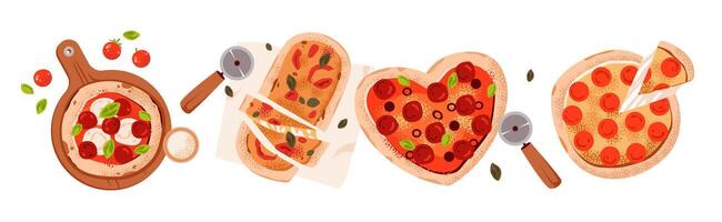 Various pizza styles including heart shaped vector