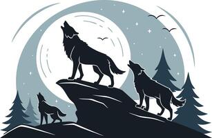 Wolves Howling on Cliff Black Silhouette Halloween Scene vector