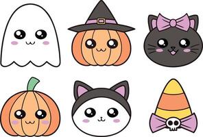 Adorable Kawaii Halloween Characters Set with Witches and Monsters vector