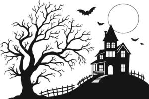 Haunted House on Hill with Bats and Moon Black Silhouette vector