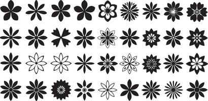 Thirty Six Black and White Flower Silhouettes Diverse Floral Designs Simple Geometric Shapes Monochrome Botanical Elements Traced Illustrations vector
