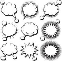 Nine Black and White Comic Book Style Speech Bubbles and Explosion Shapes Illustration Set Traced Graphic Design Elements for Comics and Cartoons vector