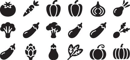 Black and White Vegetable Icon Set Glyph Pictograms featuring Tomato Carrot Bell Pepper Onion Turnip Broccoli Eggplant Parsley Artichoke Pumpkin Radish vector