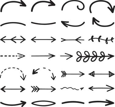 Collection of Hand Drawn Black Arrows Graphics Various Styles Curved Straight Double Headed Dashed Line Elements Design Elements for Web and Print vector