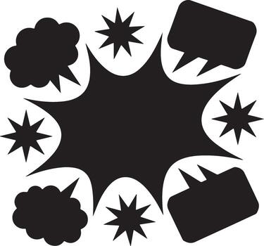 Black and White Illustration of a Large Exploding Star Shape Surrounded by Smaller Stars Speech Bubbles and Puffs of Smoke vector