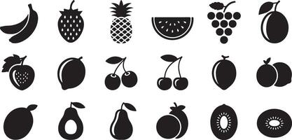 Black and White Glyph Icon Set of Various Fruits Including Bananas Strawberries Pineapple Watermelon Grapes Plums Cherries Lemons Avocados Pears and Kiwis vector