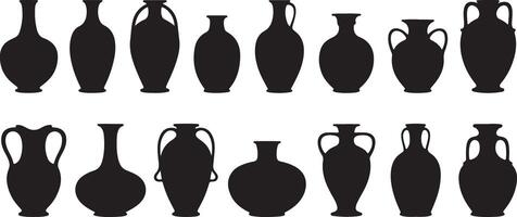 Collection of Black Silhouette Vases Amphoras and Jugs Various Shapes and Sizes Illustration vector