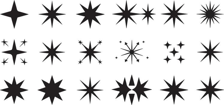 Collection of Twenty Black Starburst and Star Silhouettes Graphics Various Shapes and Sizes Simple Geometric Design Elements Isolated on White vector