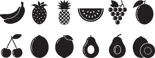 Black and White Glyph Icon Set of Various Fruits Including Bananas Pineapple Strawberry Watermelon Grapes Plum Cherries Lemon Lime Avocado and Kiwi vector