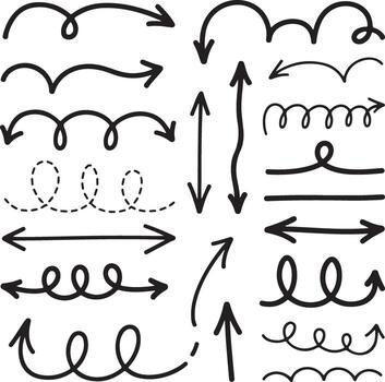 Collection of Hand Drawn Black Arrows Various Styles Curvy Straight Swirls Dashed Lines Design Elements for Web Graphic Design Projects vector