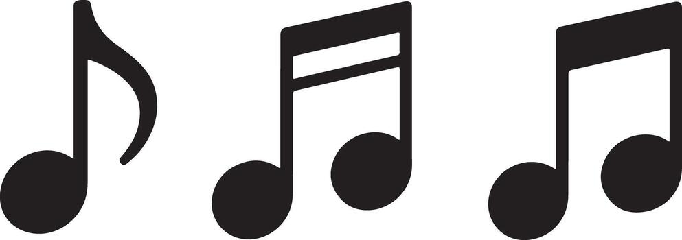 Set of three black musical notes icons isolated on white background eighth note quarter note half note simple minimalist design graphic element vector