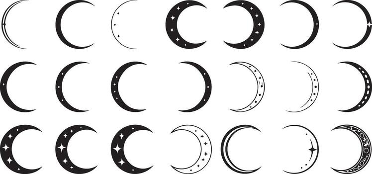 Collection of Twenty Four Black Crescent Moon Silhouettes with Variations in Style and Star Detailing Some with Ornate Decorative Elements vector