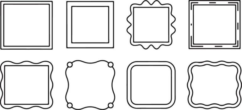 Eight Black Outline Rectangle Frames with Varied Wavy and Straight Edges Set on White Background Simple Geometric Shapes Blank Templates for Design vector