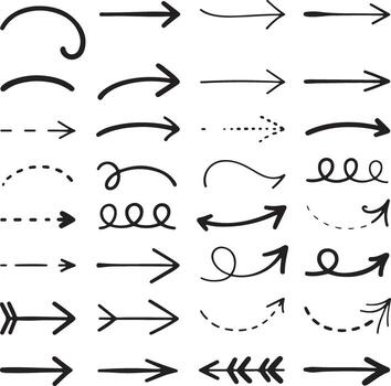 Collection of Thirty Five Hand Drawn Black Arrows Various Styles Straight Curved Dashed Dotted Swirls Loops Navigation Indicators Design Elements vector