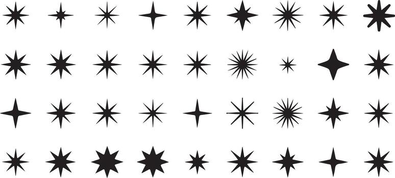 Collection of Thirty Six Black Starburst Silhouettes Graphics Various Sizes and Point Counts Simple Geometric Shapes Isolated on White Background vector