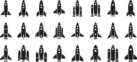 Collection of Twenty Four Black Silhouette Rocket Ship Icons Graphics Spacecraft Launch Exploration Travel Startup vector