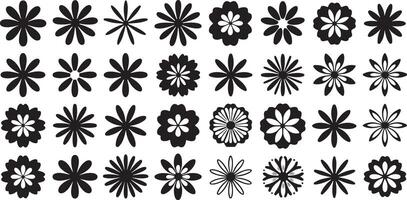 Thirty Six Black and White Stylized Flower Designs Set Graphic Floral Elements Collection Simple Monochrome Floral Patterns Various Shapes and vector