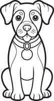 illustration of a cute cartoon puppy sitting wearing a collar with a tag black and white line art style simple design for coloring book vector