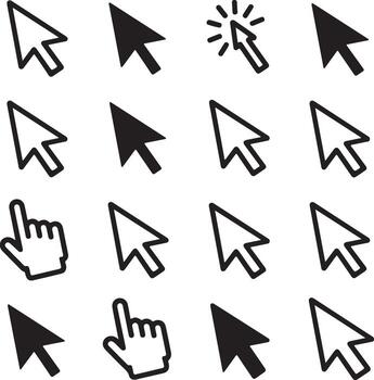 Collection of Black and White Cursor Icons Including Arrow Cursors and Hand Cursors for Website Design and User Interface vector