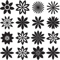 Sixteen Black and White Floral Icons Set Geometric Flower Designs Simple Flat Style Graphic Elements for Branding Decoration and Web Design vector
