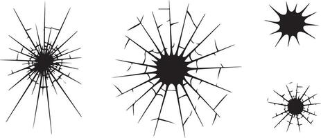 Black Silhouettes of Four Broken Glass Windows Showing Cracks and Shattered Pieces Radiating from Central Holes Different Sizes and Irregular vector