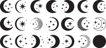 Silhouette Collection of Crescent Moons Stars Celestial Night Sky Symbols Black and White Graphic Design Elements vector