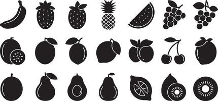 Black and White Glyph Icon Set of Various Fruits Including Banana Strawberry Pineapple Watermelon Grapes Cherries Lemon Lime Avocado Kiwi and More vector