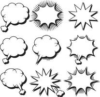 Nine Black and White Comic Book Style Speech Bubbles and Starburst Shapes Illustration Set Blank Templates for Text Design Elements for Graphic vector