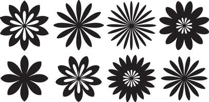 Eight Black and White Floral Designs Set Traced Graphics Simple Flower Shapes Monochrome Botanical Elements Geometric Flower Illustrations vector