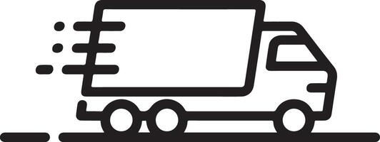 Black and white illustration of a fast moving delivery truck speeding along a road indicated by a simple black line at the bottom the truck is vector