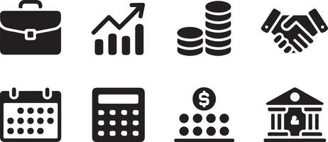 Eight Black Glyph Icons Depicting Business Finance Concepts Including Briefcase Growth Chart Coin Stacks Handshake Calendar Calculator Money Bank Building vector