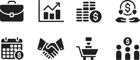 Eight Black Glyph Style Business and Finance Icons Set on White Background Including Briefcase Graph Bars Coin Stack Hands Calendar Shopping Cart and vector