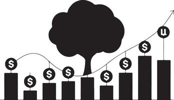 Black and white illustration of a tree symbolizing growth with dollar signs hanging from an upward trending line above a bar graph representing vector