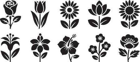 A Collection of Ten Black and White Glyph Flower Icons Rose Tulip Sunflower Lotus Hibiscus Lily and More Floral Designs Simple Flat Style vector