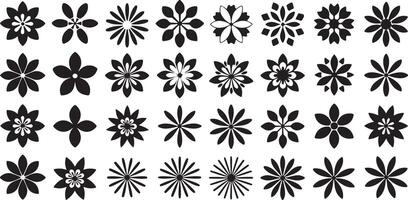 Thirty Six Black and White Flower Silhouettes Diverse Floral Designs Simple Geometric Shapes Monochrome Botanical Elements Graphic Design Elements vector