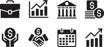 Eight Black Glyph Icons Depicting Business and Finance Concepts Including Briefcase Graph Bank Money Hands Deal Calendar Growth vector