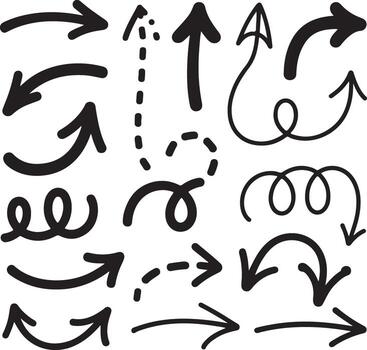 Collection of Hand Drawn Black Arrows Graphics Various Styles and Directions Up Down Left Right Curved Straight Dashed Arrows Set vector