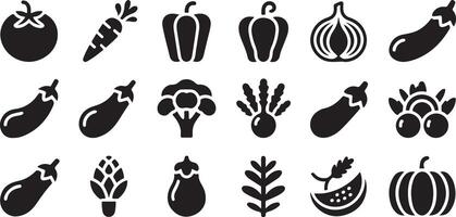 Black and White Vegetable Glyph Icon Set featuring Tomato Carrot Bell Pepper Onion Eggplant Broccoli Beet Artichoke Pumpkin Watermelon and More vector