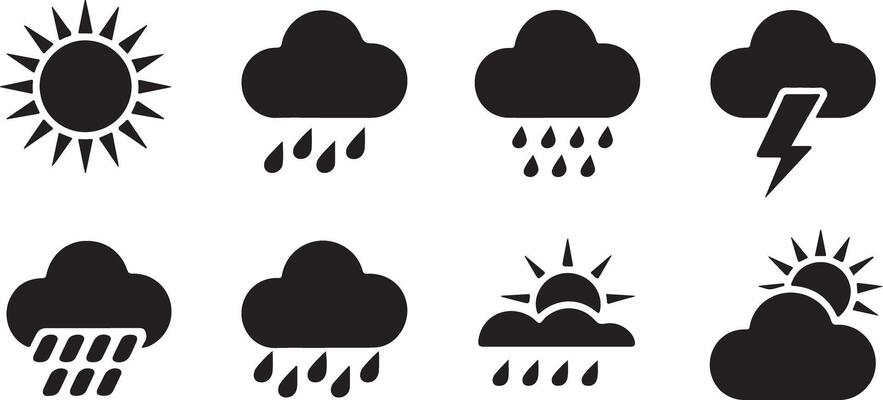 Black Glyph Weather Icons Set Sun Rain Cloud Lightning Storm Illustration Graphic Design Elements